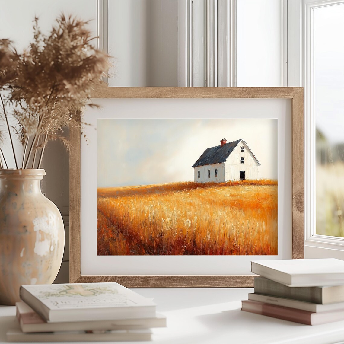 Small White Farmhouse Sitting in Sea of Golden Wheat Under Soft Sky Wall Art - Image 2