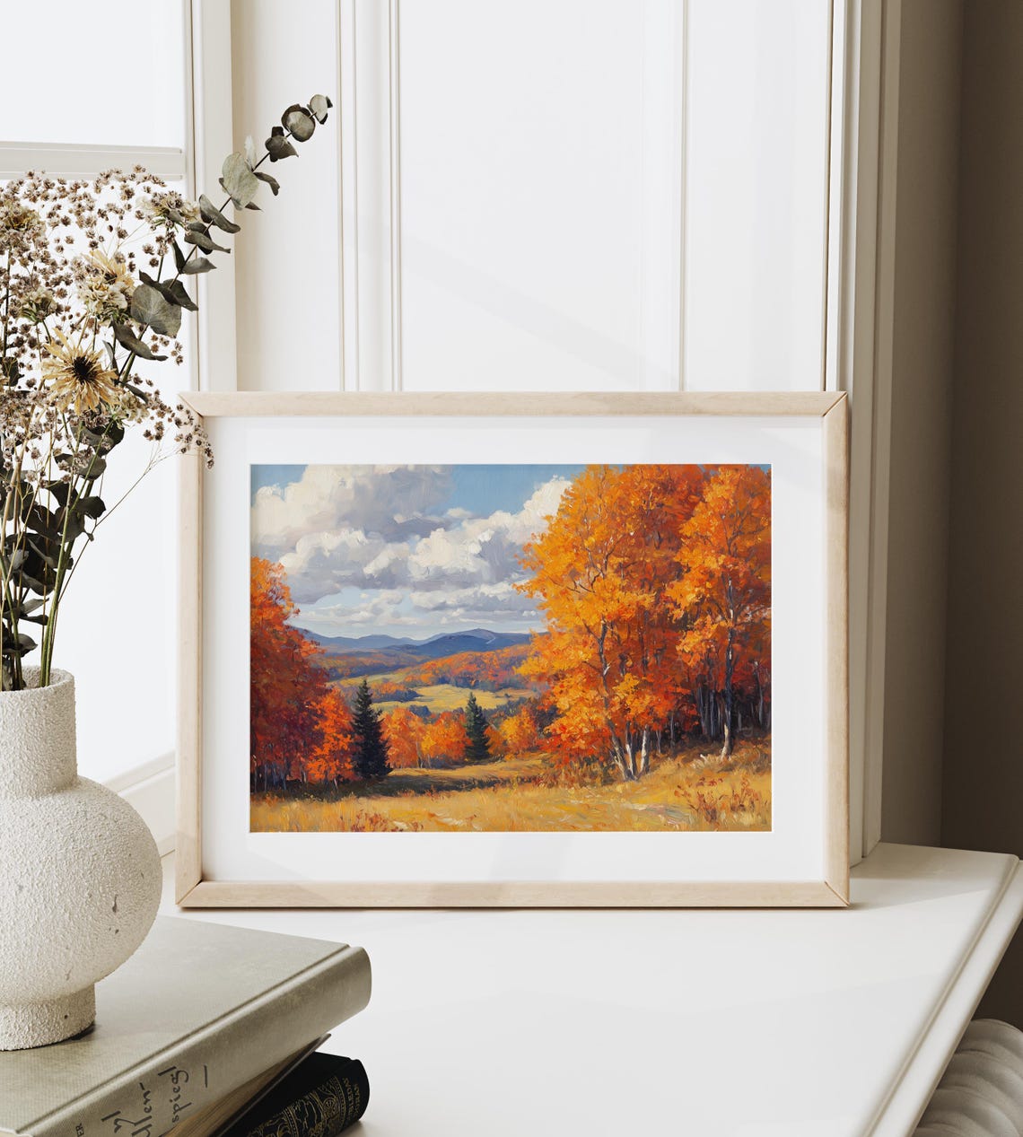 Golden Autumn Meadow With Birch Groves Against Mountain Peaks Poster - Image 6