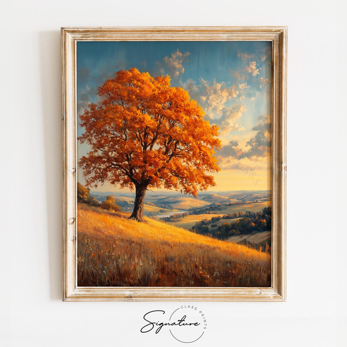 Lone Autumn Tree Sunset Hilltop Golden Farmland Valley View Poster
