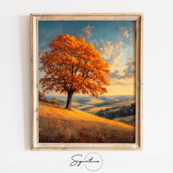 Lone Autumn Tree Sunset Hilltop Golden Farmland Valley View Poster