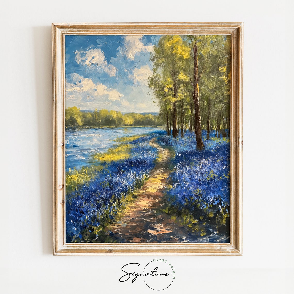 Bluebell Woodland Path Along Riverbank Spring Wildflowers Poster