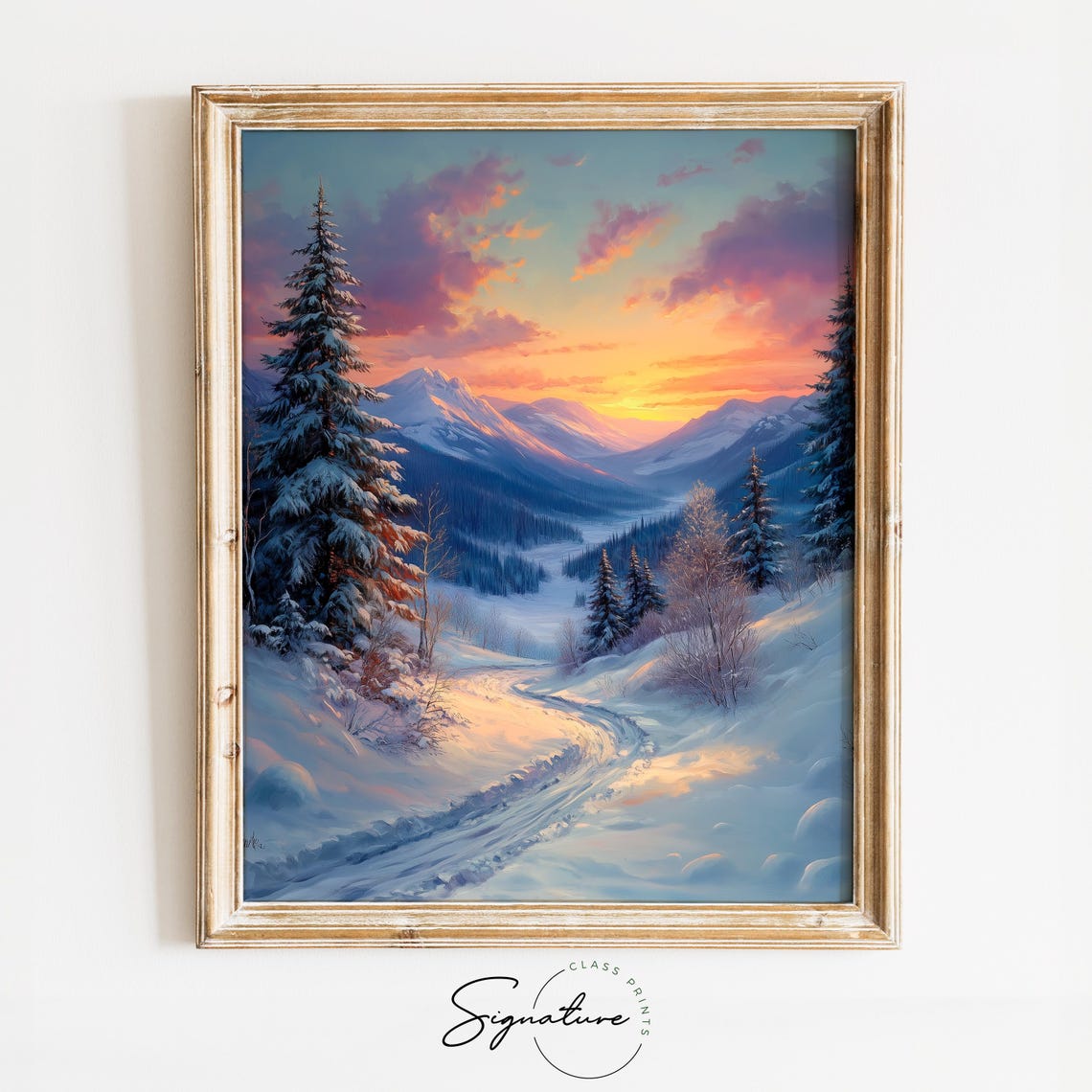 Snowy Mountain Trail At Sunset Through Pine Forest Oil Painting Poster