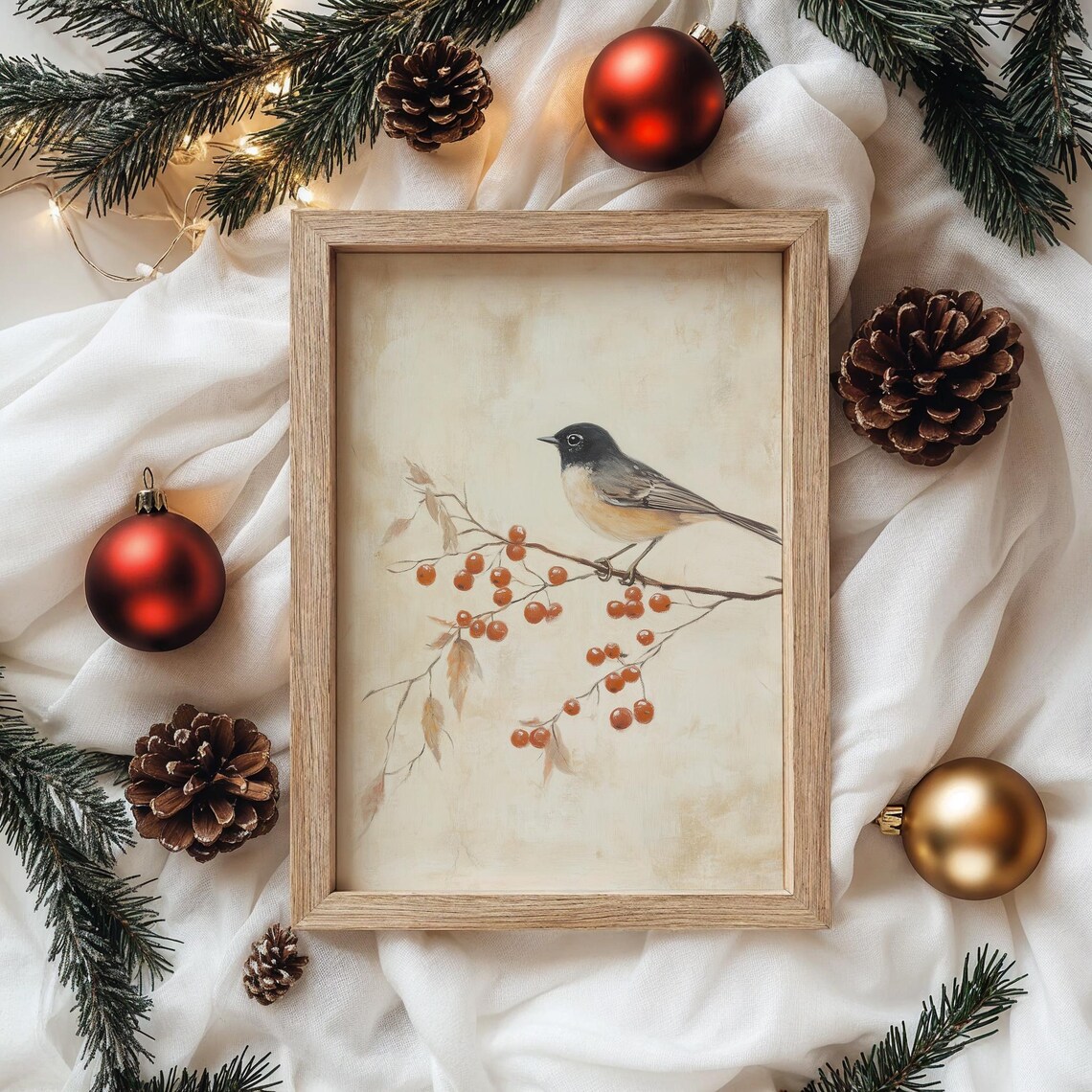 Chickadee Red Berry Branch Cream Vintage Winter Bird Painting Poster - Image 4