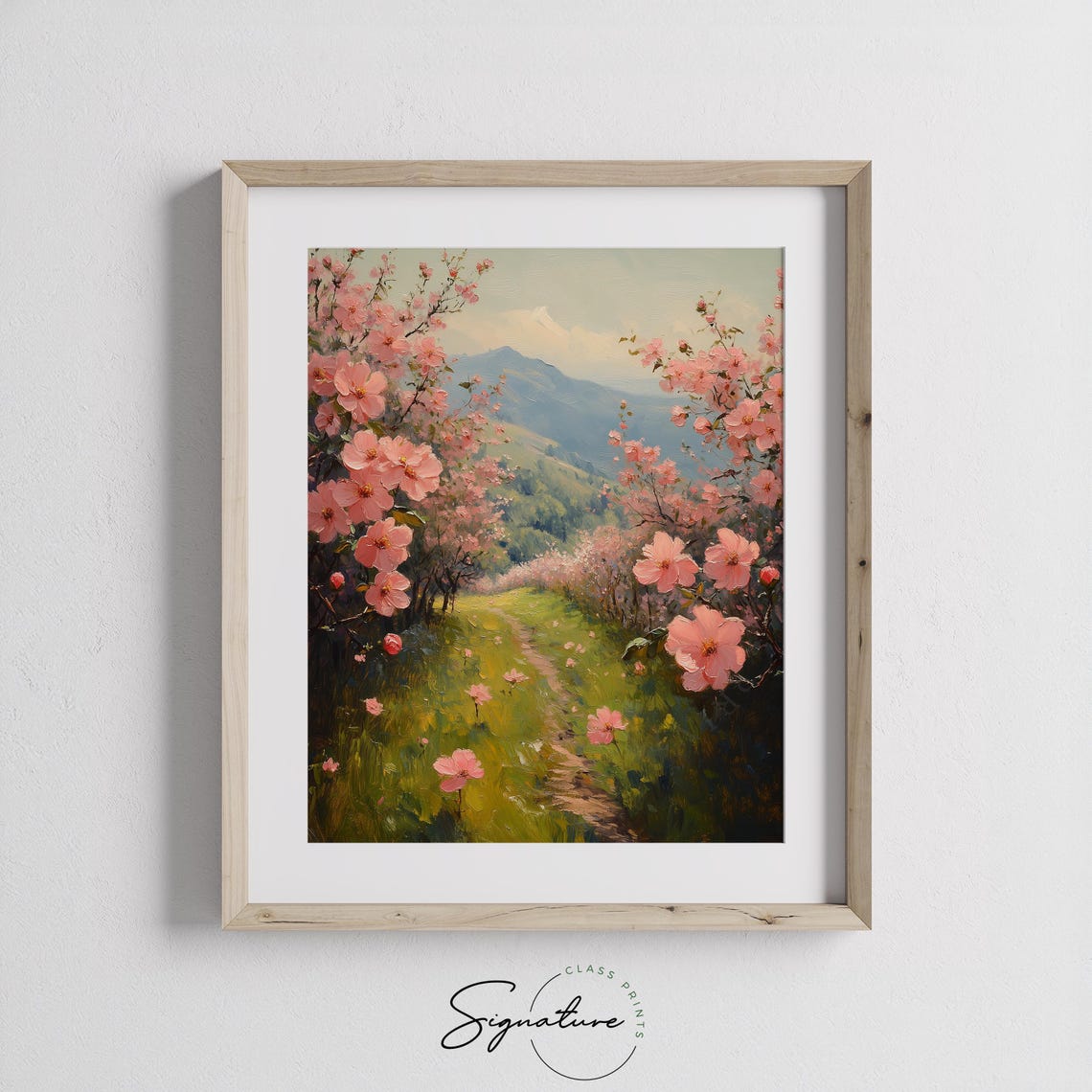 Lush Spring Meadow Cherry Blossoms With Mountain View Romantic Poster - Image 2