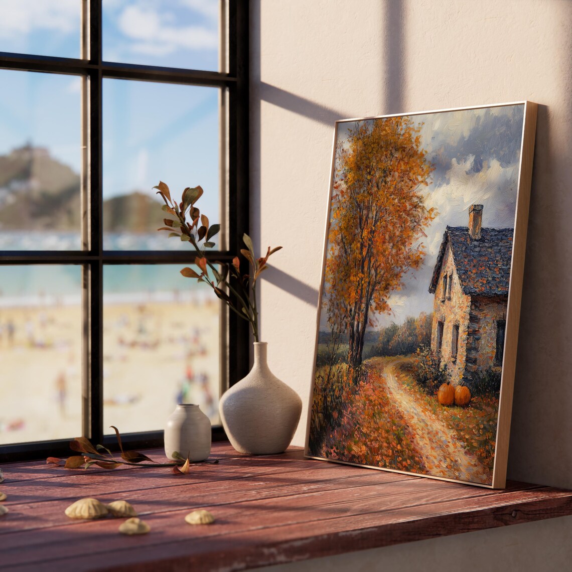Old Stone Cottage With Two Pumpkins Beside a Leaf Covered Fall Lane Poster - Image 5