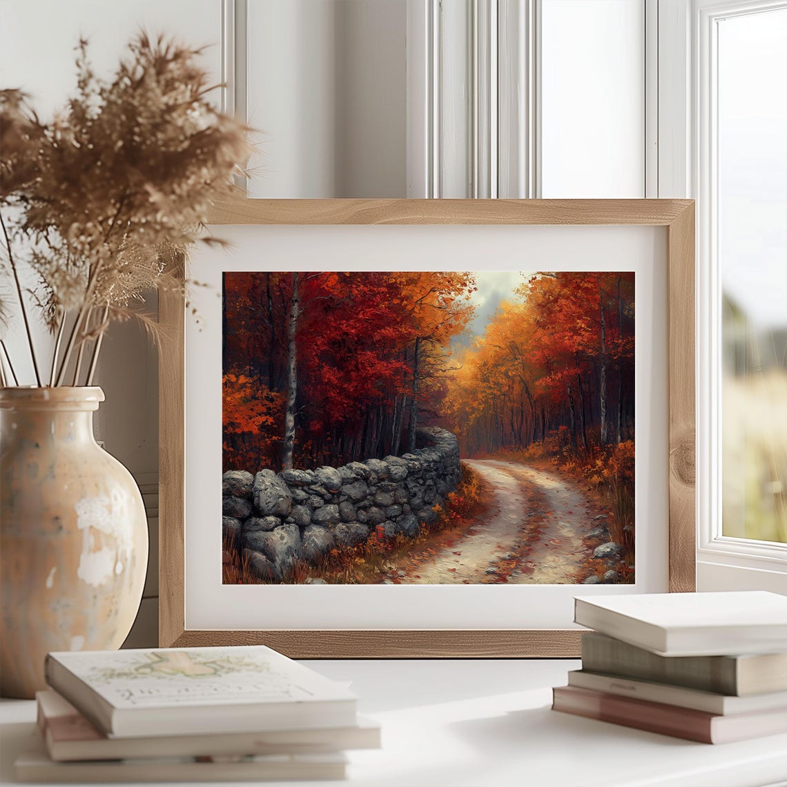 Dirt Road Old Stone Wall Red Maple Forest Autumn Painting Print - Image 2