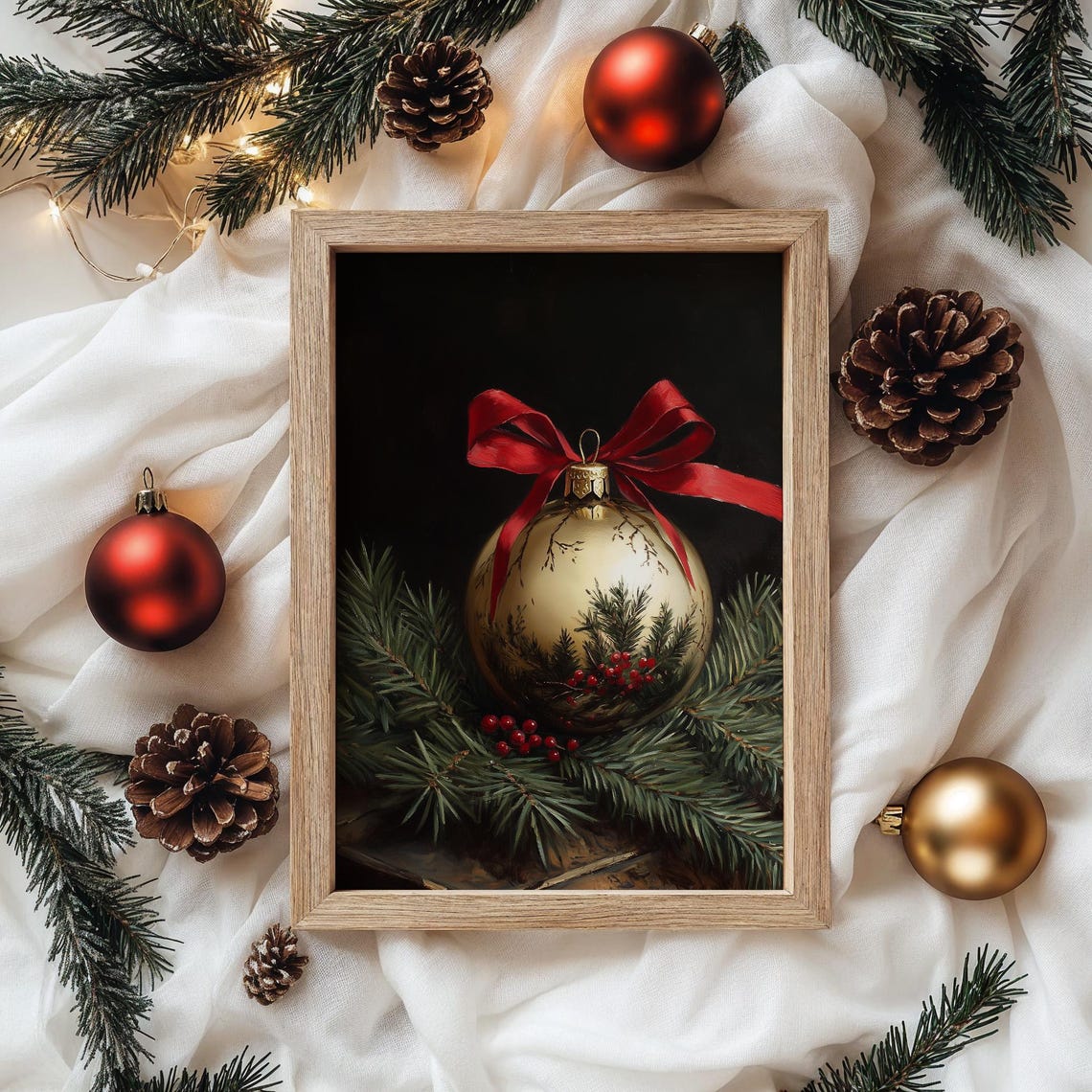 Gold Ornament With Red Bow Painted Pine And Berries Holiday Poster - Image 4