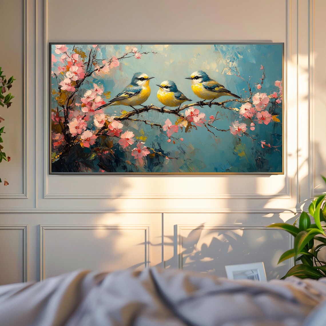 Goldcrest Trio On Cherry Blossom Branch Spring Bird Painting Art Poster - Image 4