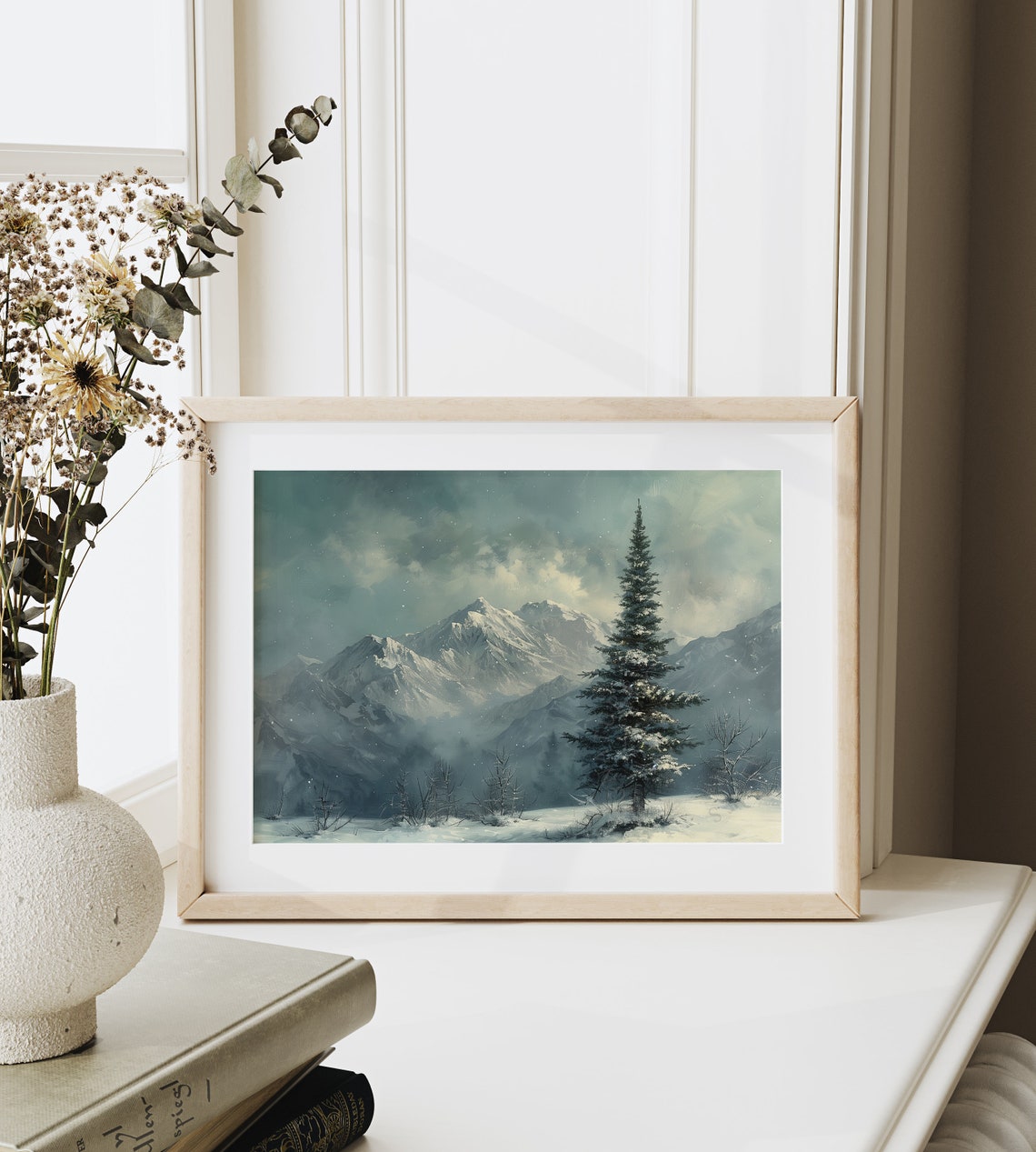Tall Spruce Under Starlit Teal Sky Snowy Mountain Night Poster - Image 6