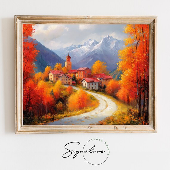 Mountain Village Church Winding Road Autumn Oil Painting Poster