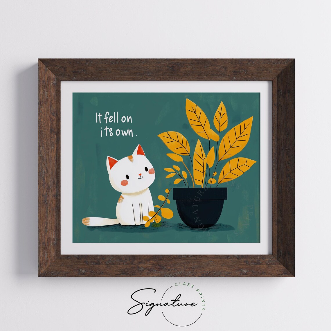 It Fell On Its Own Funny White Cat Plant Denial Cute Teal Wall Art - Image 5