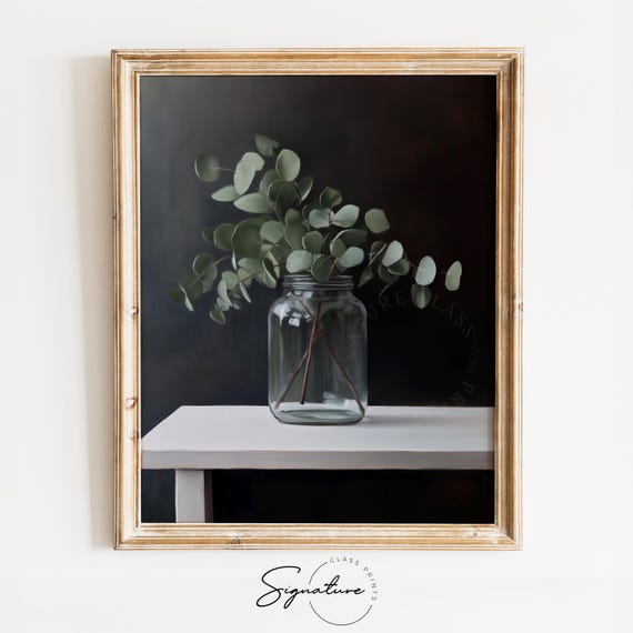 Eucalyptus In A Jar On White Table Moody Minimalist Still Life Art Rustic Cottagecore Decor Earthy Fall Wall Art 1748