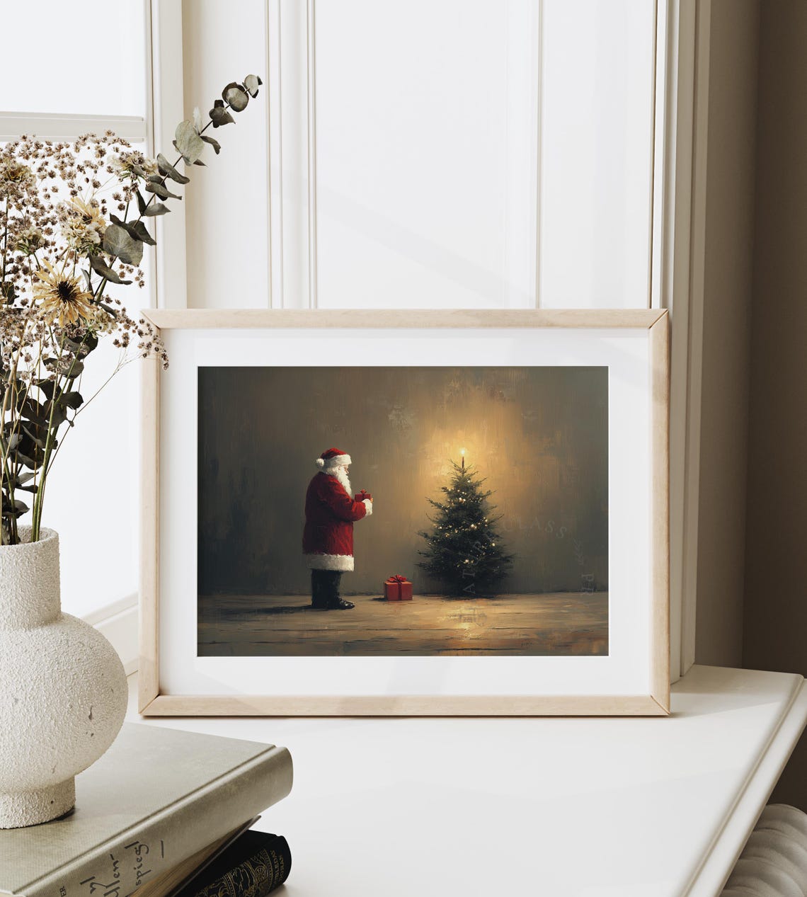Santa Claus With Gift Beside Small Lit Christmas Tree Vintage Poster - Image 6