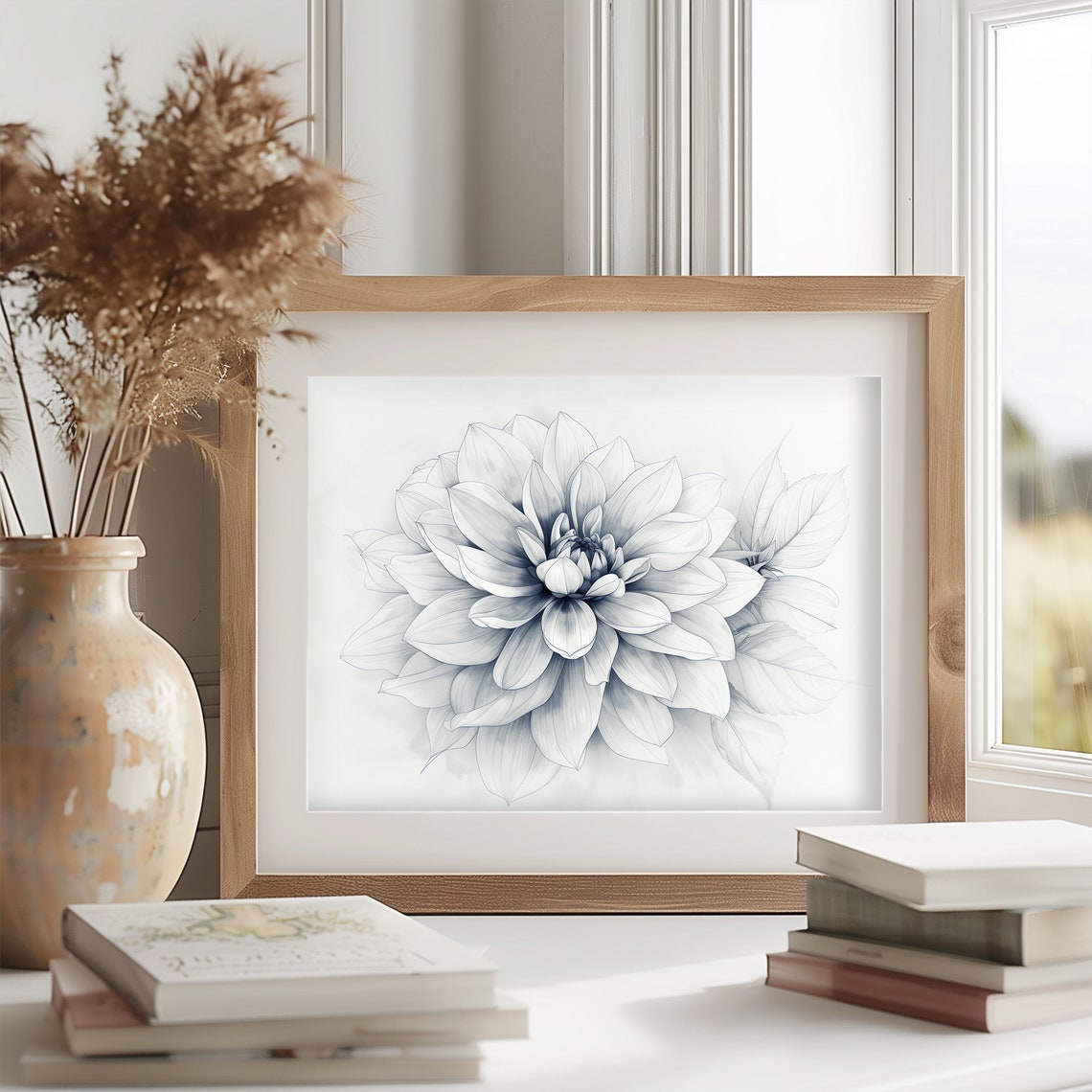 Dahlia Bloom Petal Soft Gray Blue Botanical Illustration Poster - Image 2
