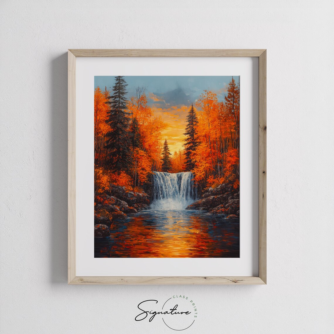 Autumn Waterfall Among Fiery Maples With Glowing Sunset Reflection Wall Art - Image 3