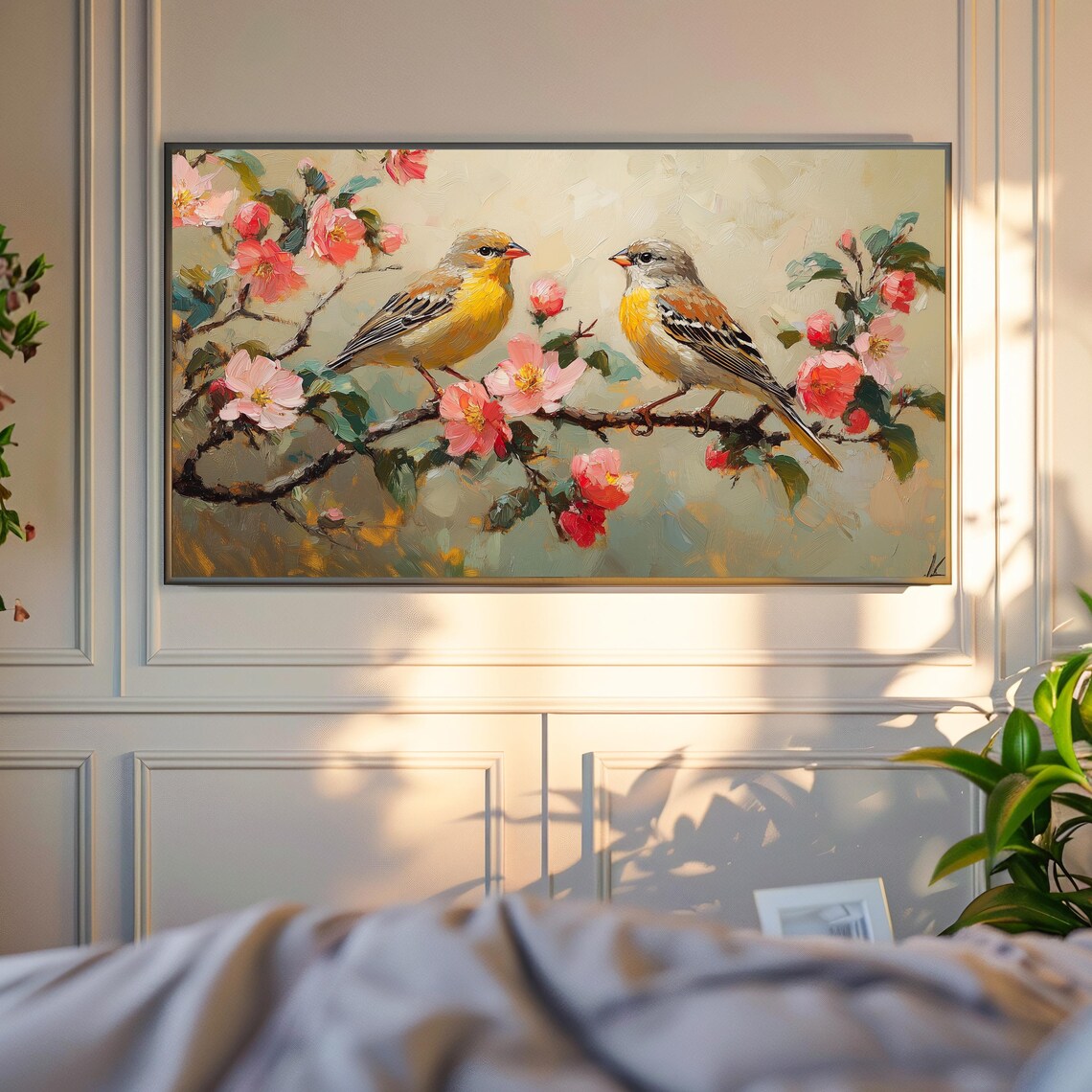 Pair Of Yellow Finches On Pink Blossom Branch Spring Nature Poster - Image 4