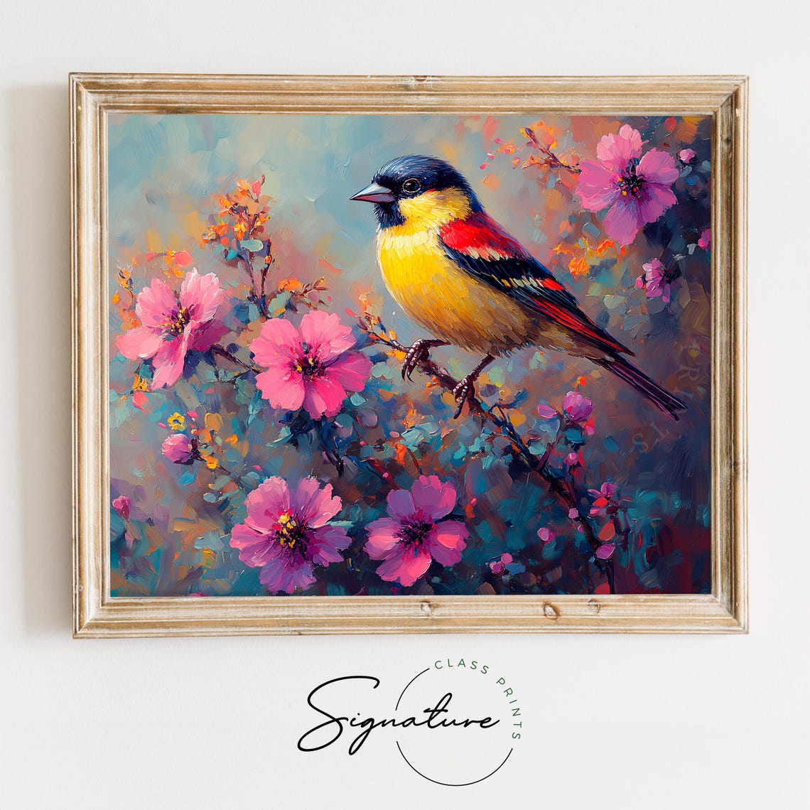 Colorful Songbird Perched On Pink Blossoms Vibrant Floral Wall Art