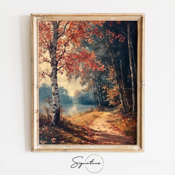 Golden Autumn Path Between Birch Trees Lakeside Oil Painting Poster