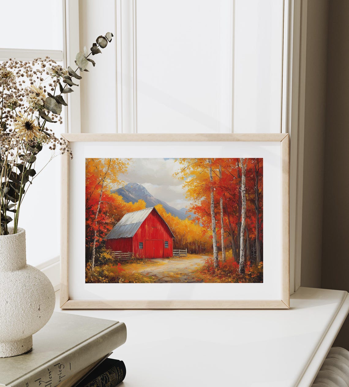 Red Barn Autumn Birches Mountain Fall Farm Landscape Wall Art - Image 6