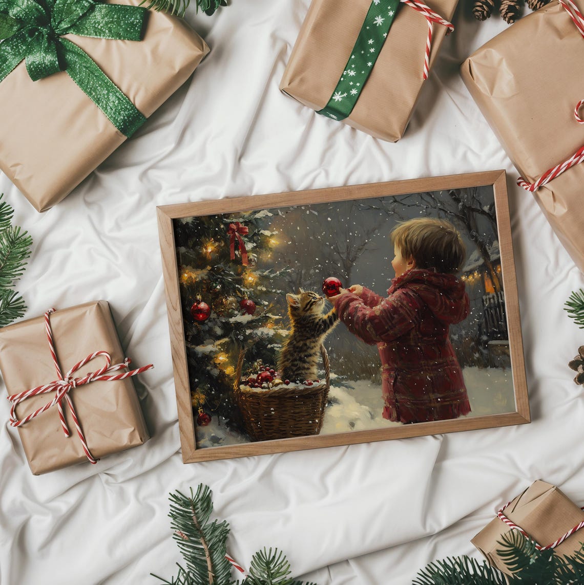 Child Sharing A Red Ornament With A Kitten By A Snowy Tree Poster - Image 2