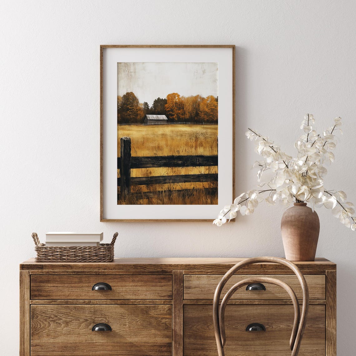 Rustic Old Barn Behind Dark Wooden Fence in Golden Field Poster - Image 5