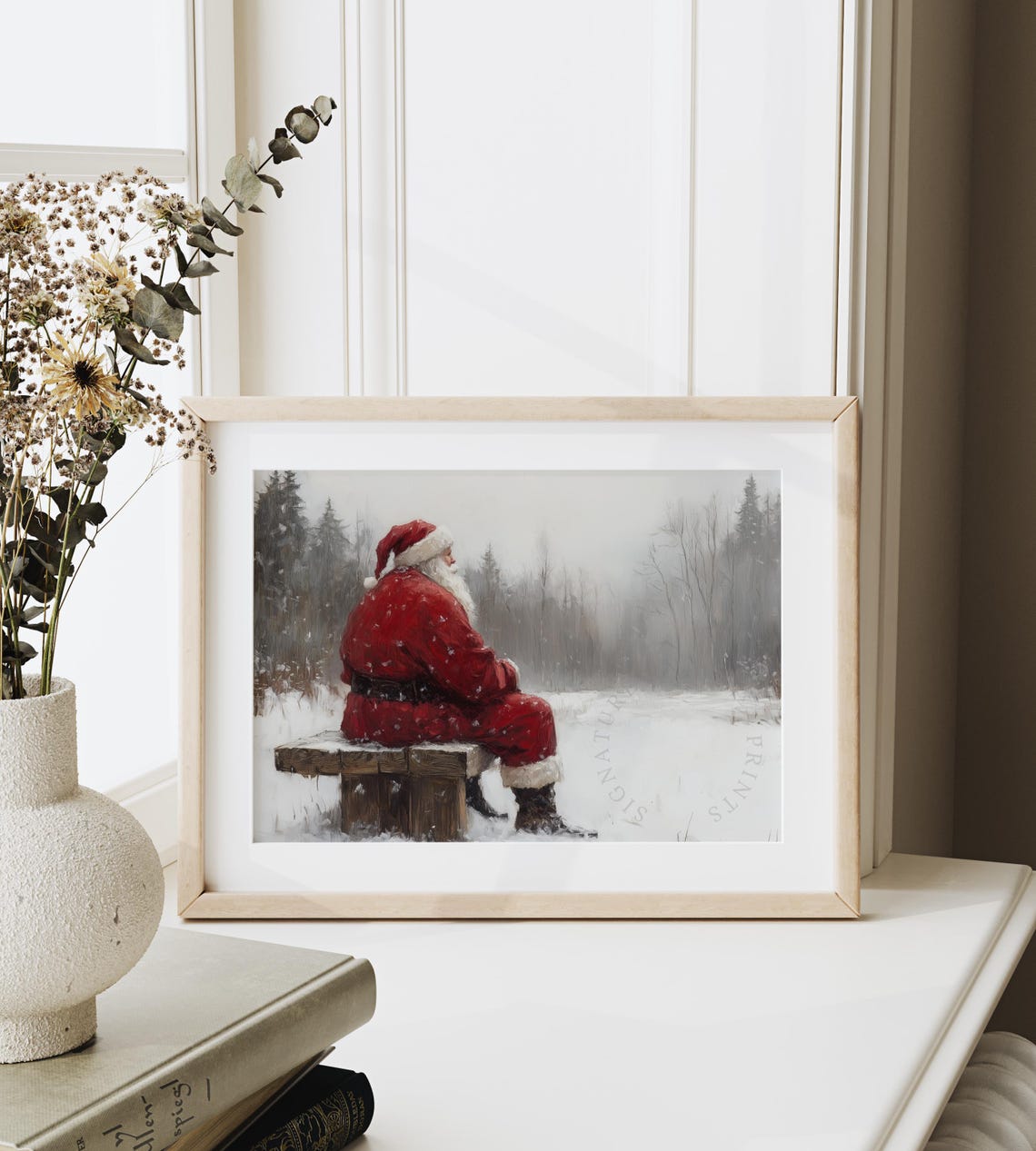 Santa Claus Resting on Snowy Bench in Winter Woods Christmas Poster - Image 6
