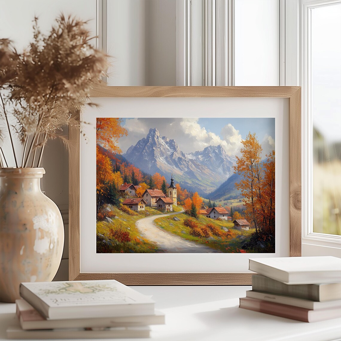 Alpine Village Chapel Snowy Peaks Autumn Oil Painting Poster - Image 2