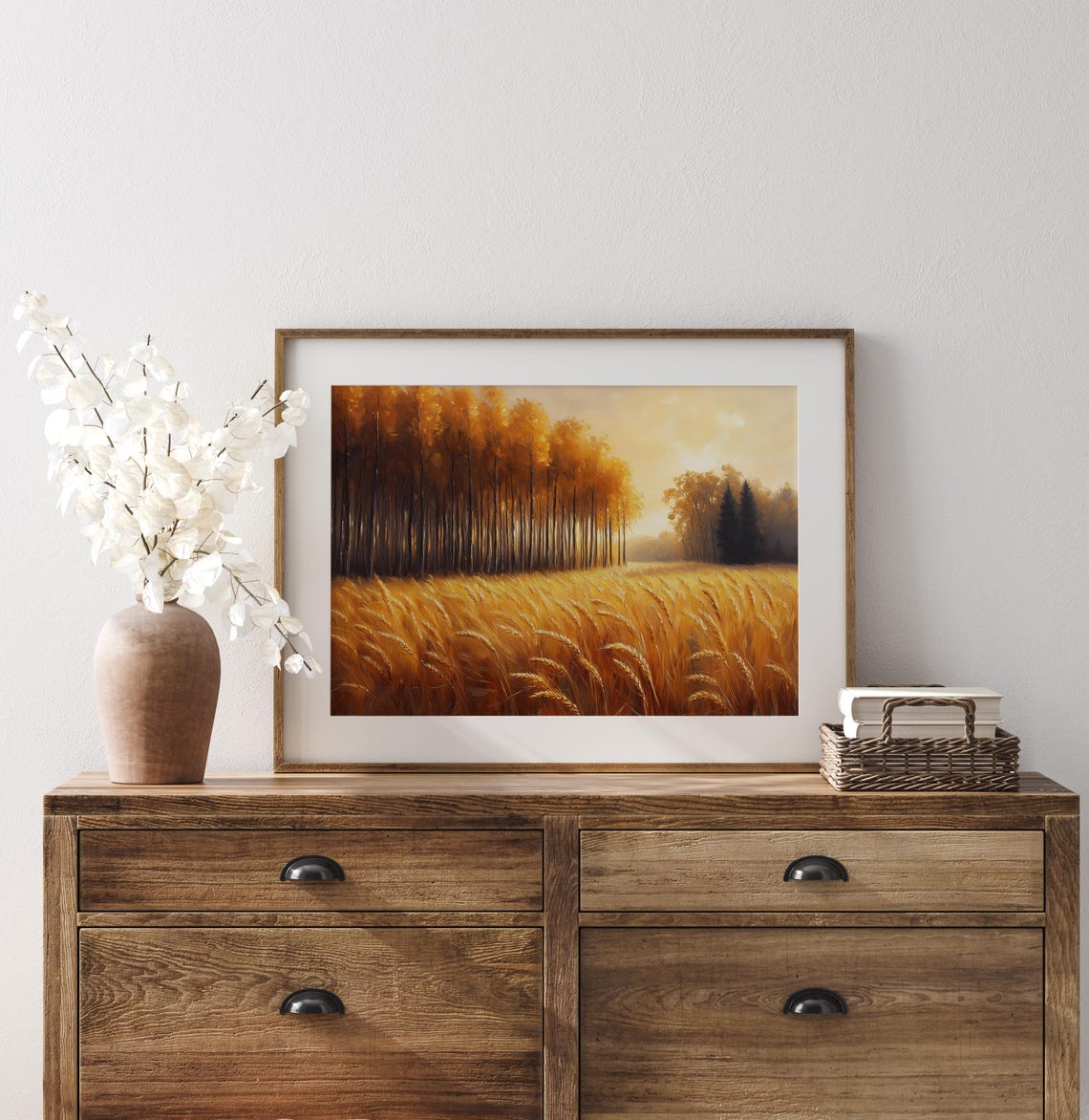 Golden Wheat Field at Sunrise Bordered by Autumn Forest Poster - Image 3