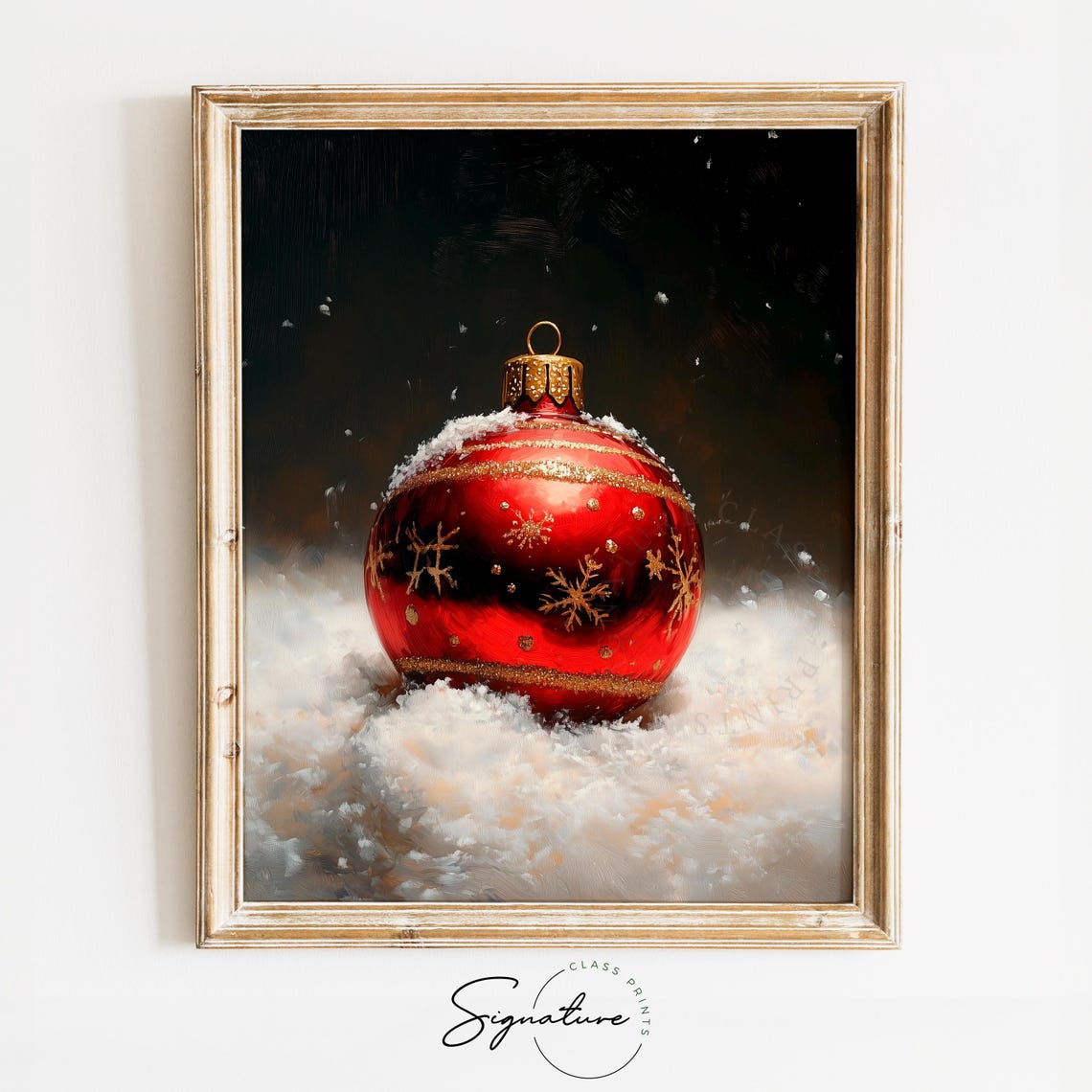 Red Christmas Ornament in Snow Gold Snowflakes Painting Poster