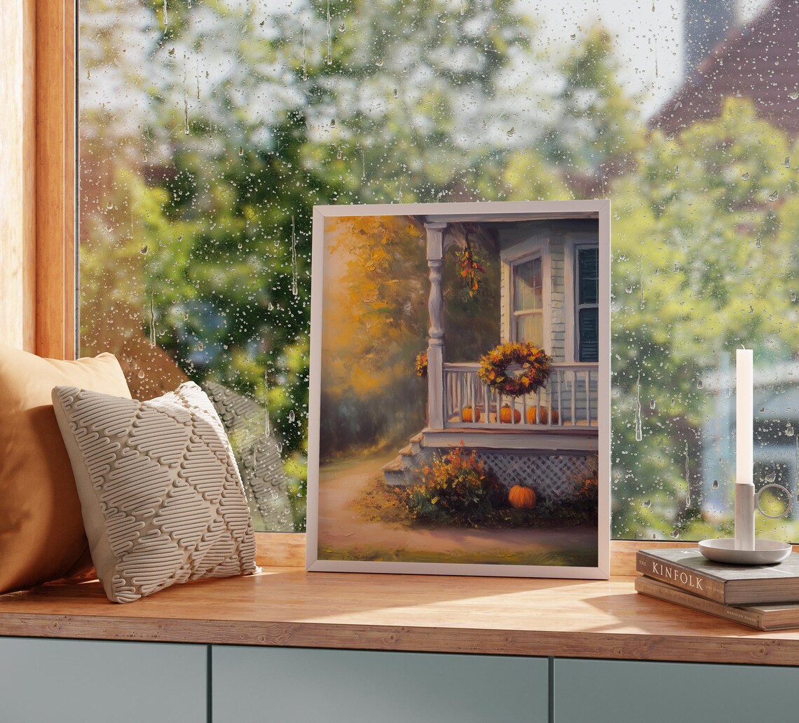 Charming Cottage Porch Decorated with Pumpkins and a Fall Wreath Poster - Image 2
