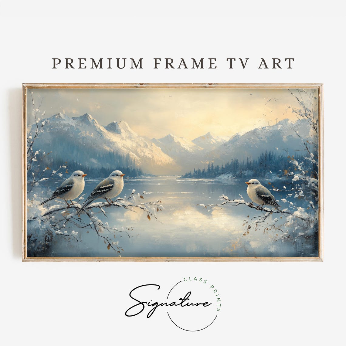 Snow Finches On Snowy Branches Above Winter Lake Mountains Poster