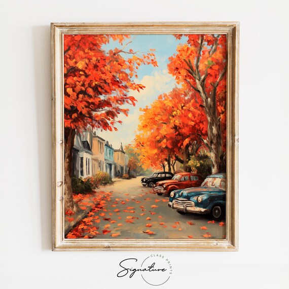 Row of Classic Cars Parked on a Charming Fall Street Painting Poster