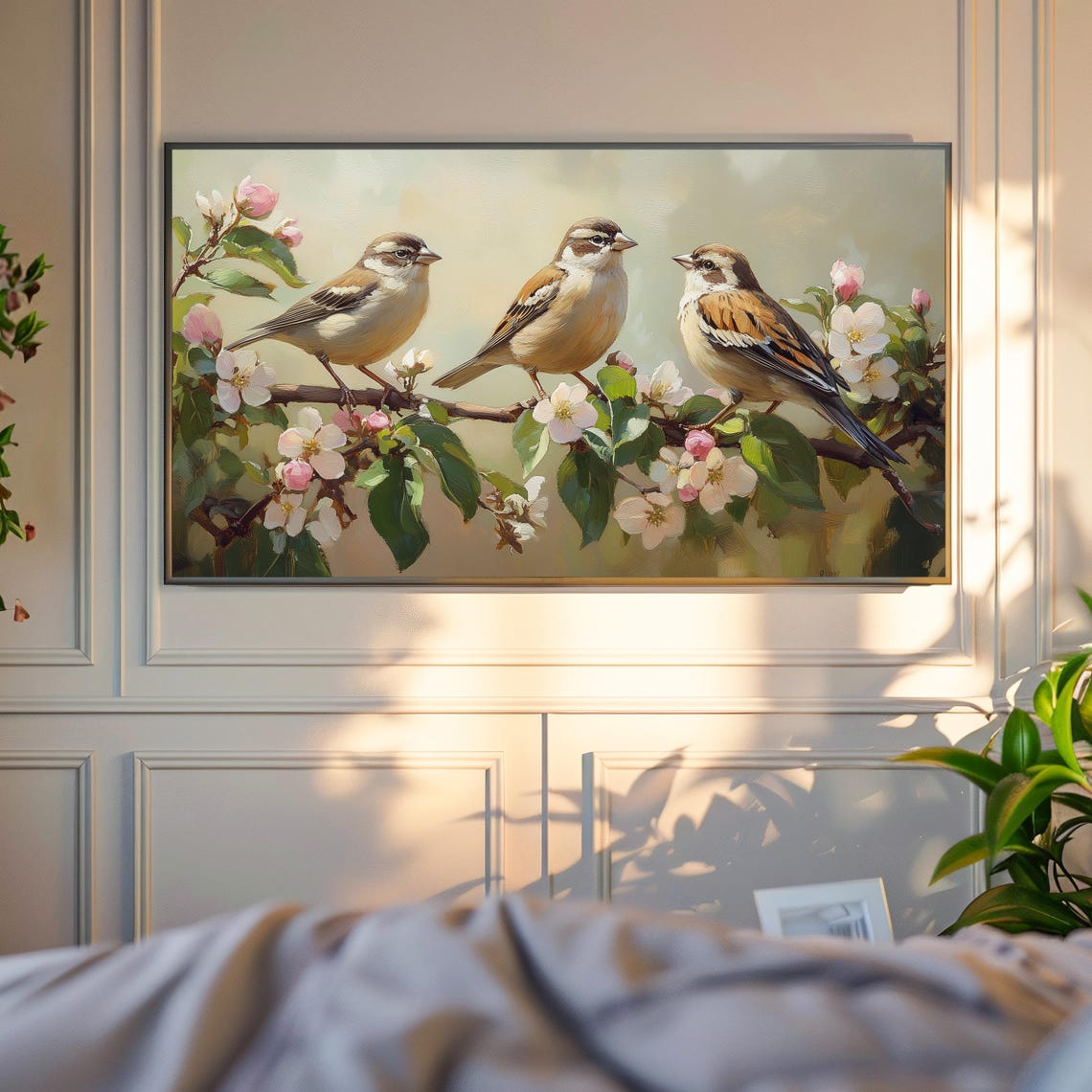 Three Sparrows On White Apple Blossom Branch Spring Morning Poster - Image 4