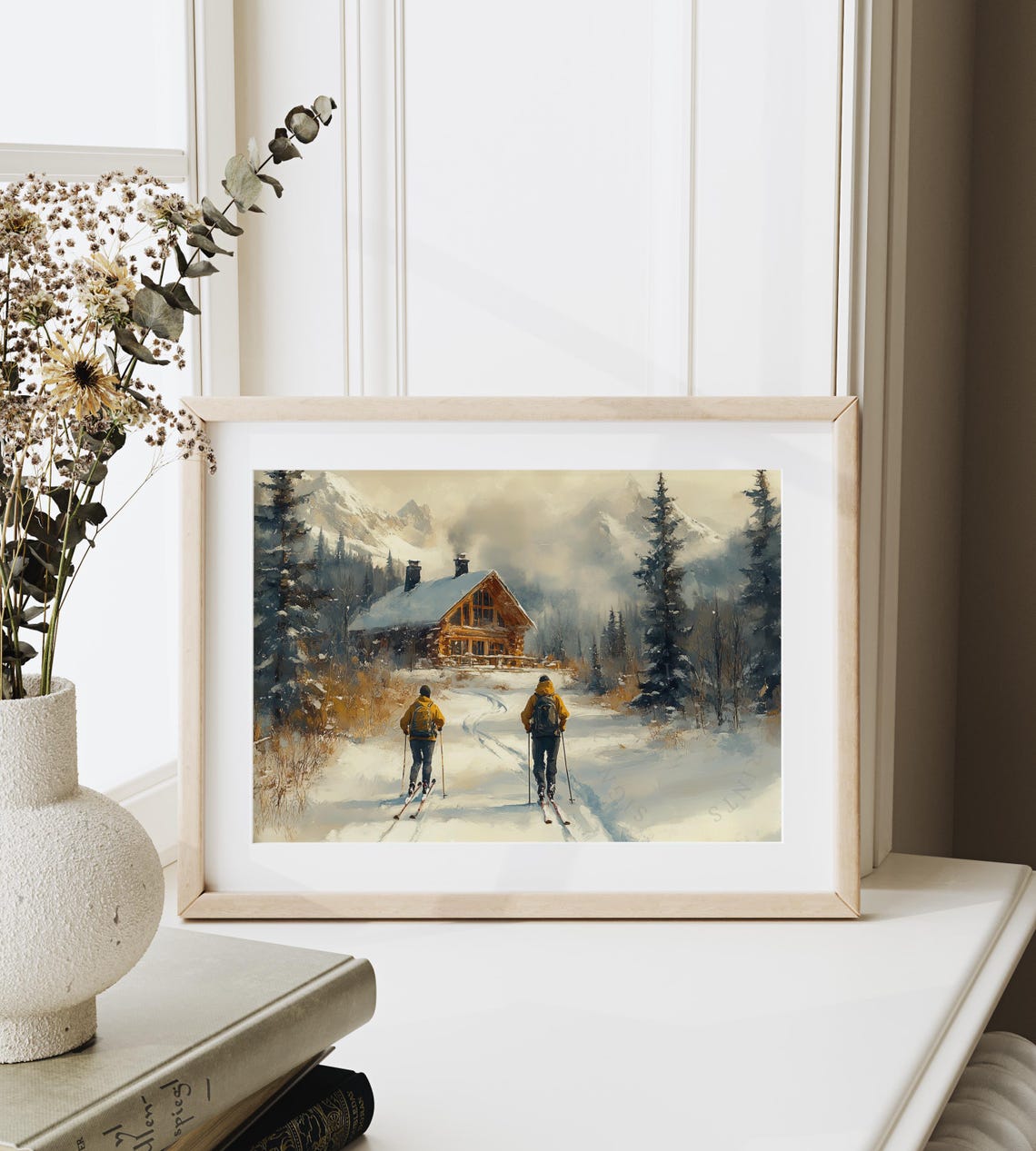 Skiers Heading To Mountain Cabin In Deep Winter Snow Scene Poster - Image 6