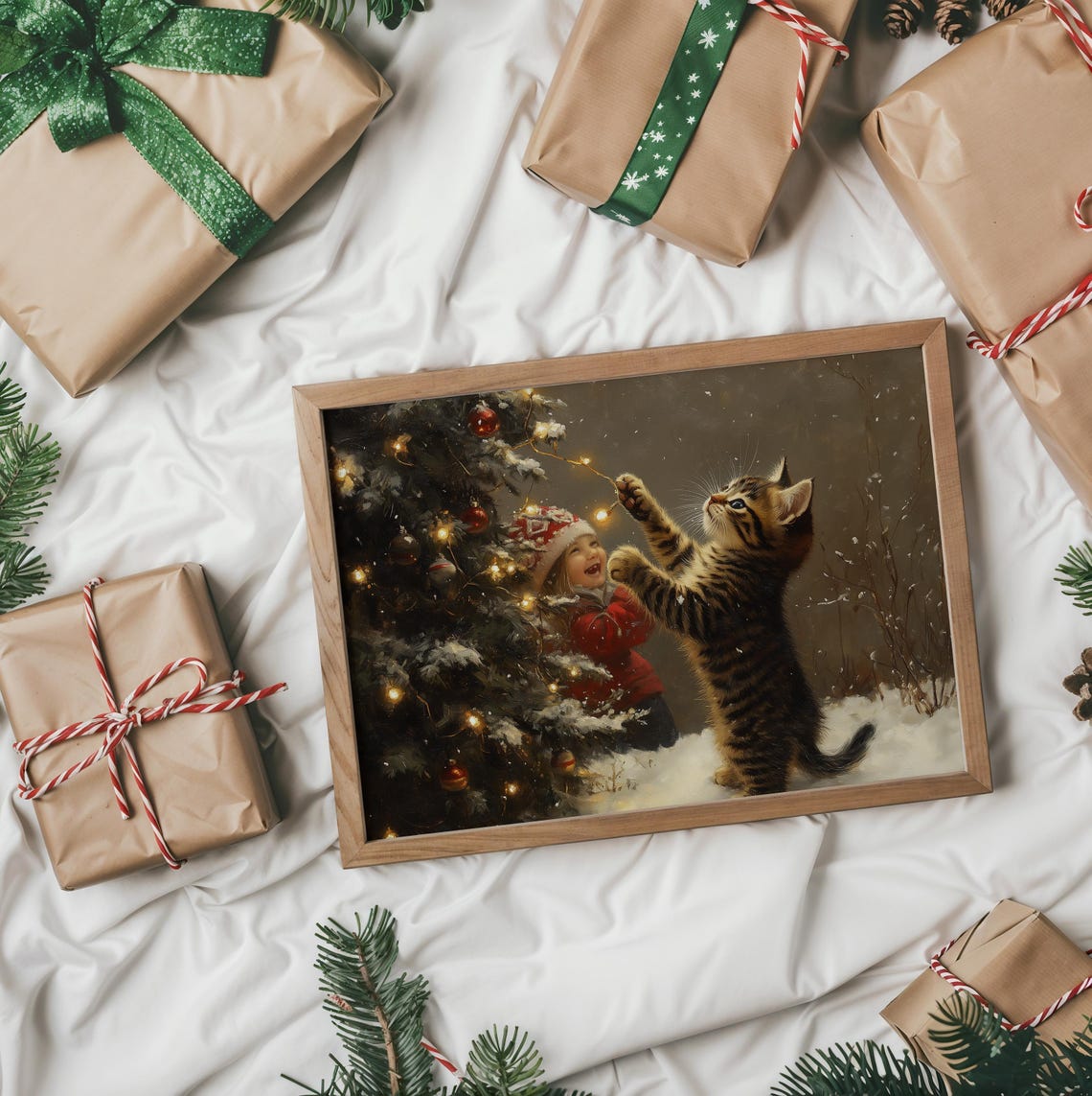 Tabby Kitten Pawing at Christmas Lights with Laughing Child Poster - Image 2