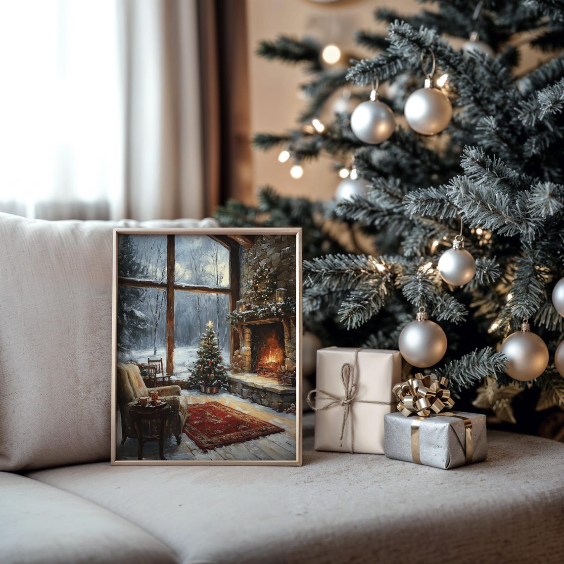 Cozy Christmas Living Room With Fireplace and Decorated Tree Poster - Image 5