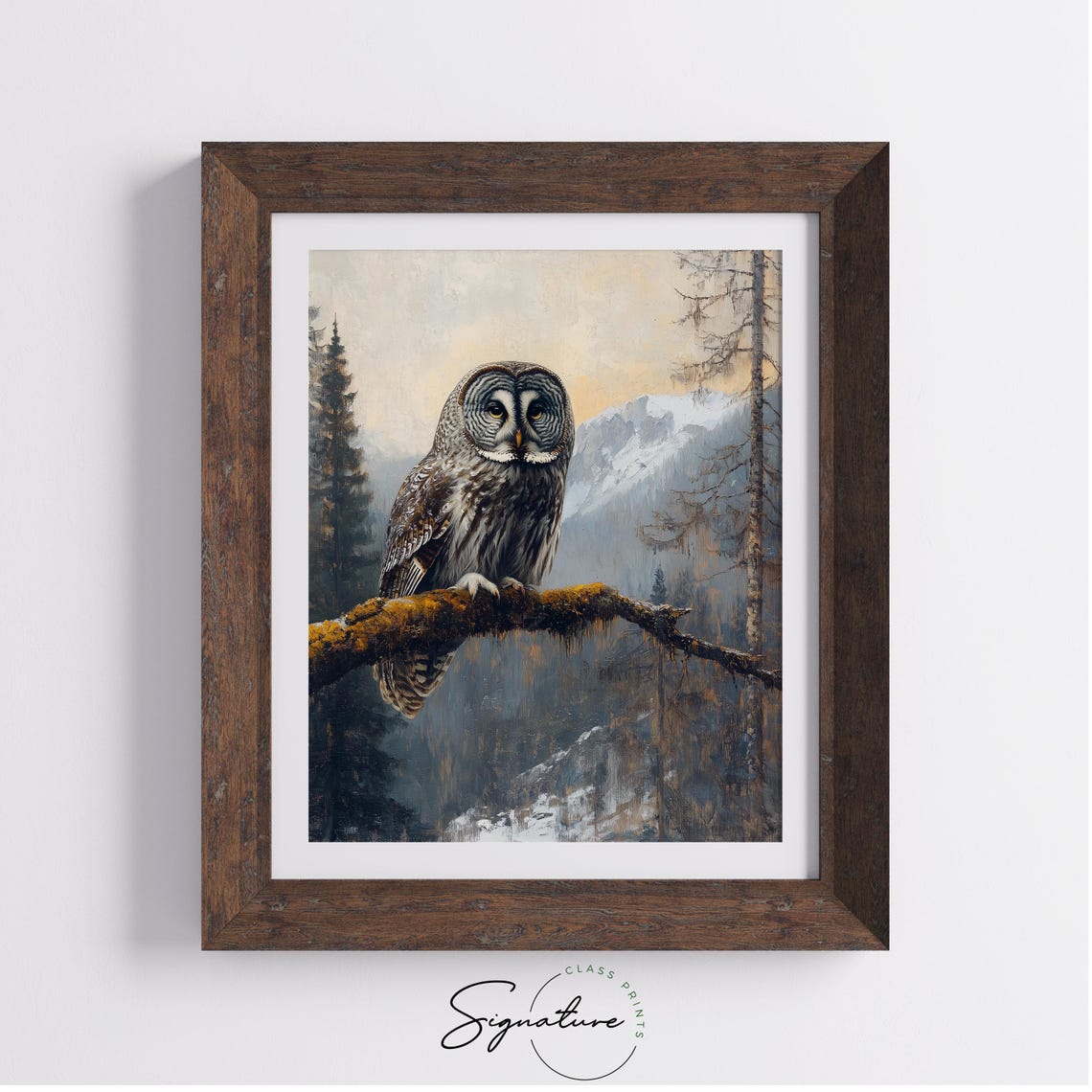 Majestic Great Grey Owl Snowy Mountain Branch Wildlife Art Poster - Image 2