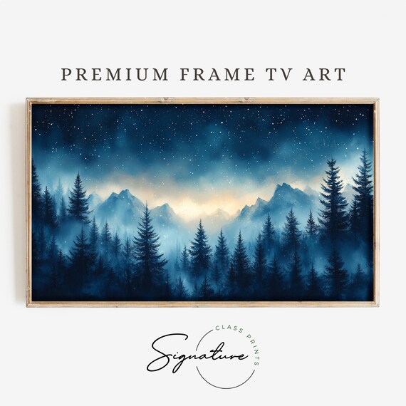 Dense Snowy Forest Starry Sky Tv Art Winter Frame Tv Art Nature Landscape Painting Deep Colors Moody Wall Decor 3397