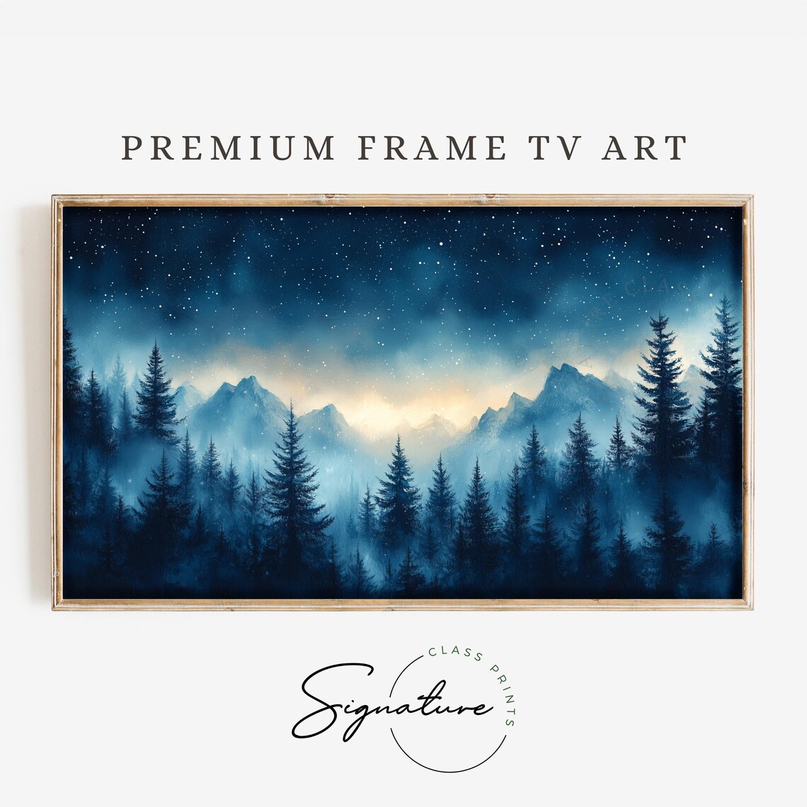 Dense Snowy Forest Starry Night Sky Mountains Moonlit Mist Winter Poster