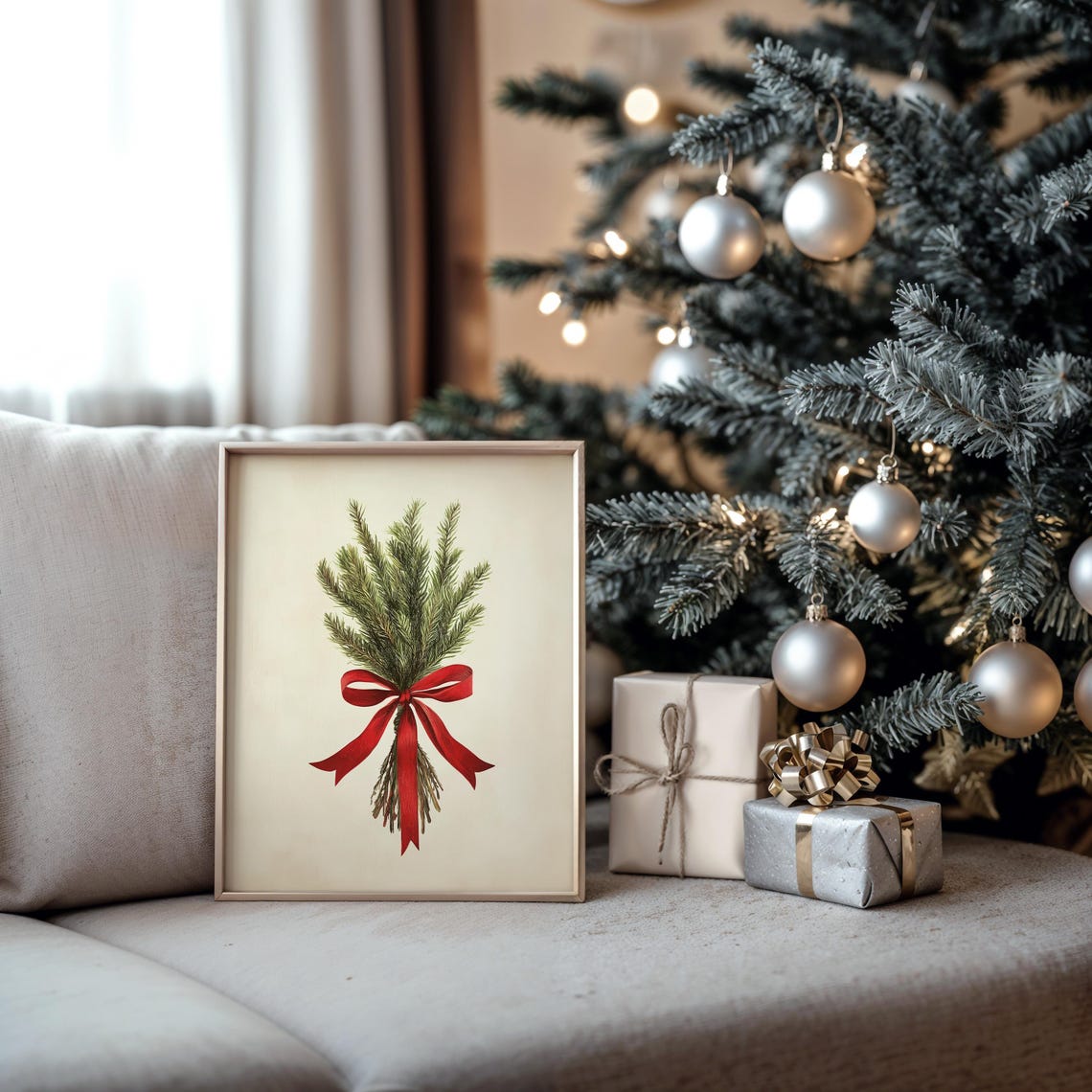 Pine Sprigs Red Bow Minimalist Christmas Greenery Botanical Art Poster - Image 5