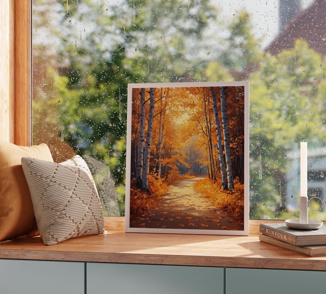 Autumn Birch Forest Path White Trunks Golden Canopy Sunlight Poster - Image 2