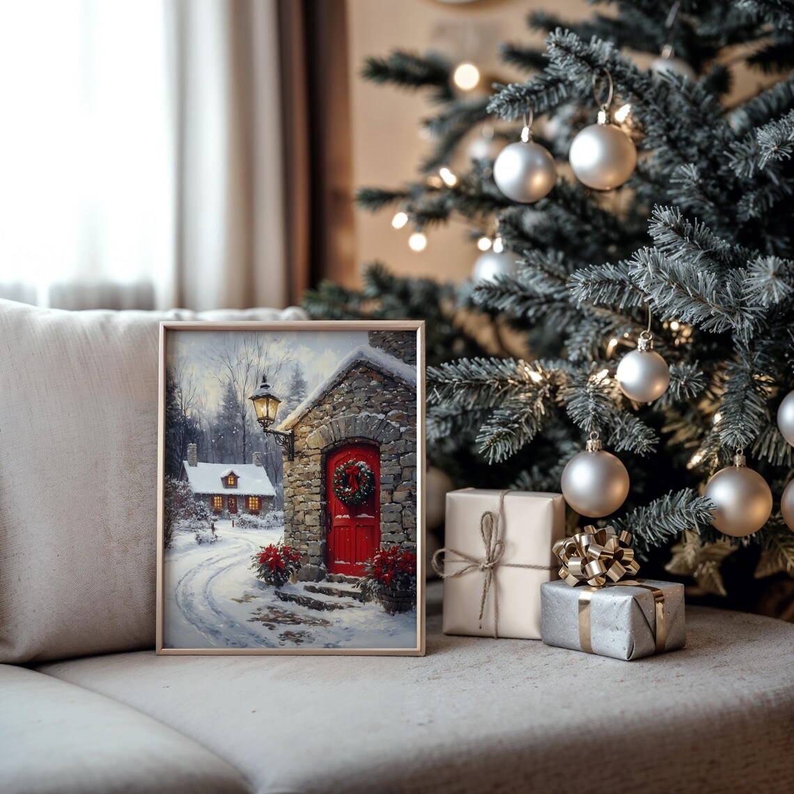 Stone House with Red Door Wreath and Lantern in Snow Christmas Poster - Image 5