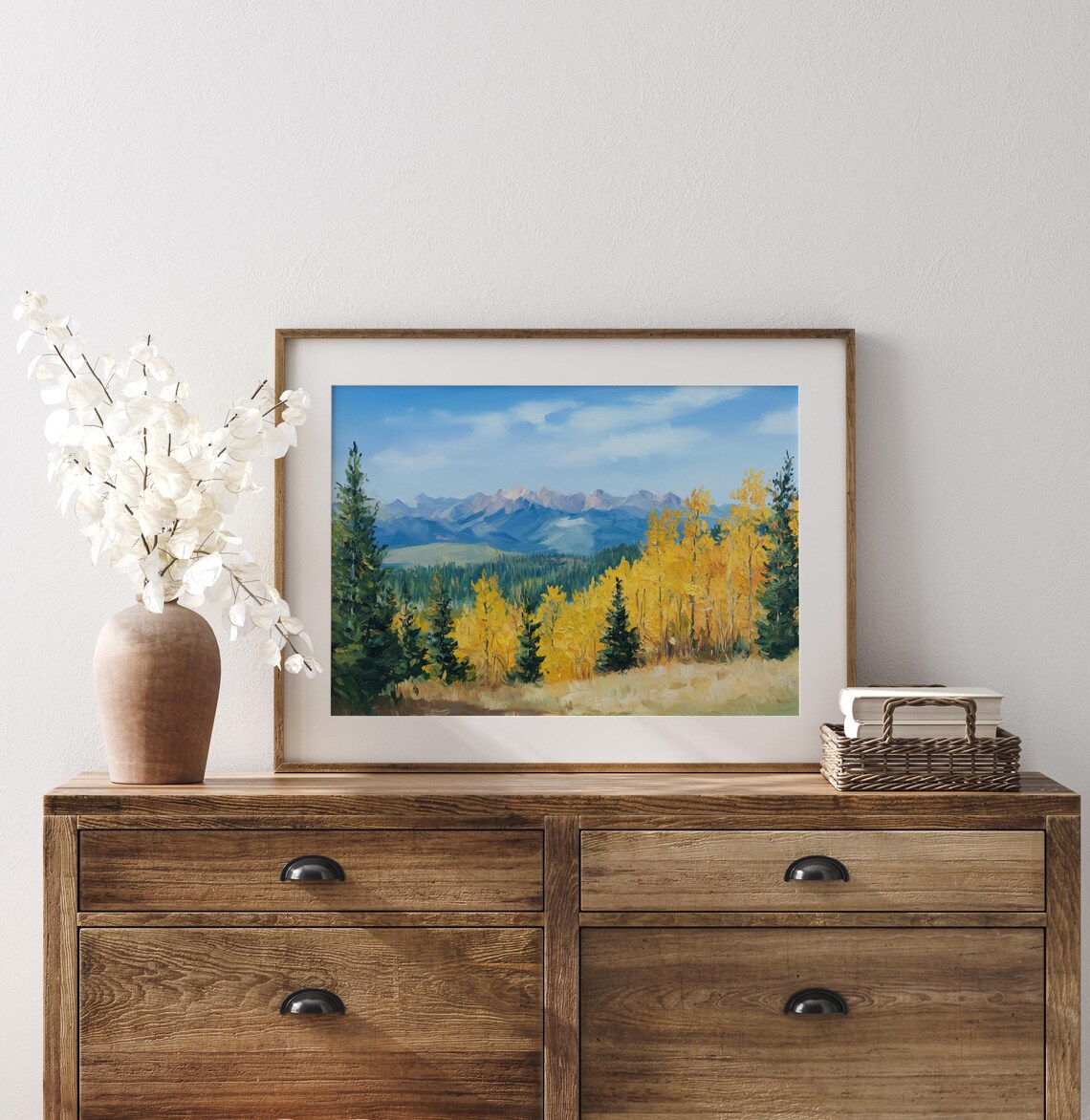 Fall Mountain Landscape Golden Aspens Blue Peaks Pine Trees Painting Poster - Image 3