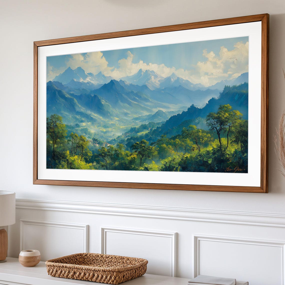 Green Mountain Valley Blue Peaks Lush Forest Scenic Painting Wall Art - Image 2