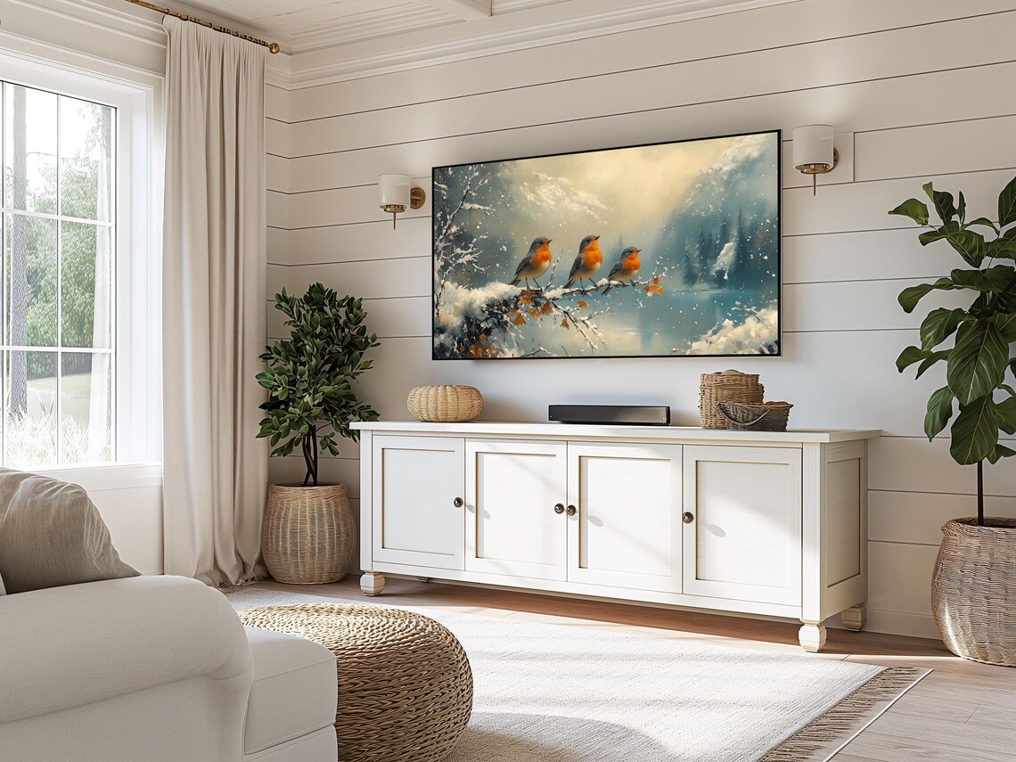 Robin Trio On Snowy Lakeside Branches In Falling Snow Winter Art Poster - Image 3
