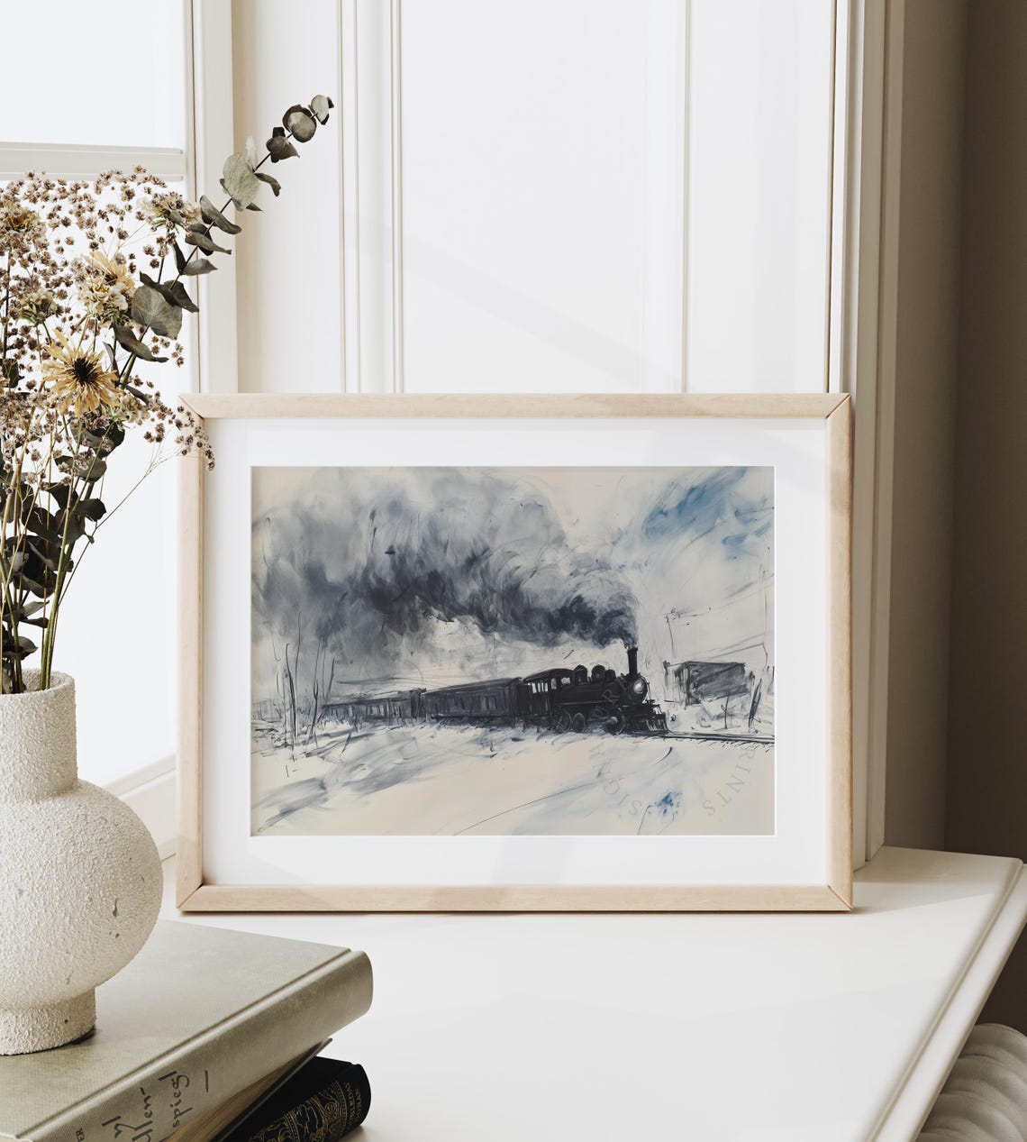 Steam Train In Snow Expressive Ink Sketch Style Locomotive Poster - Image 6