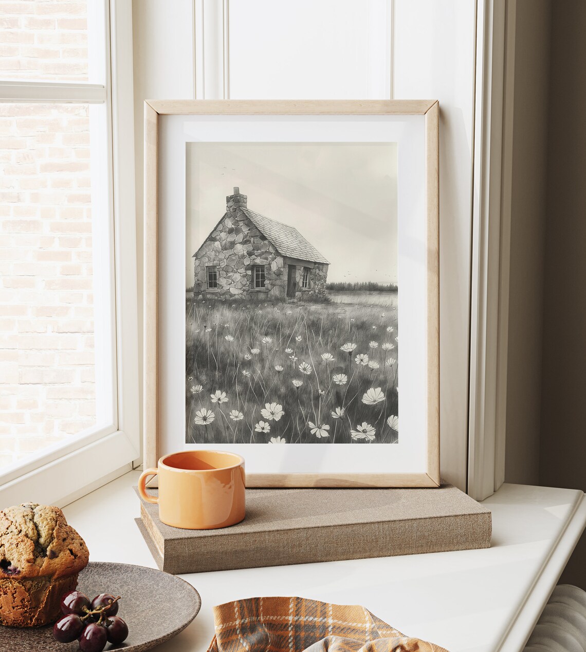 Stone Cottage In A Field Of Wildflowers Sketch Rustic Art Poster - Image 6