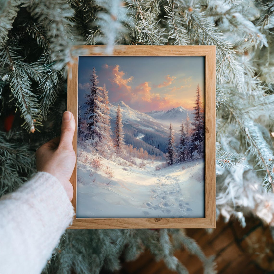 Peaceful Snowy Mountain Trail Footprints Sunset Landscape Poster - Image 6