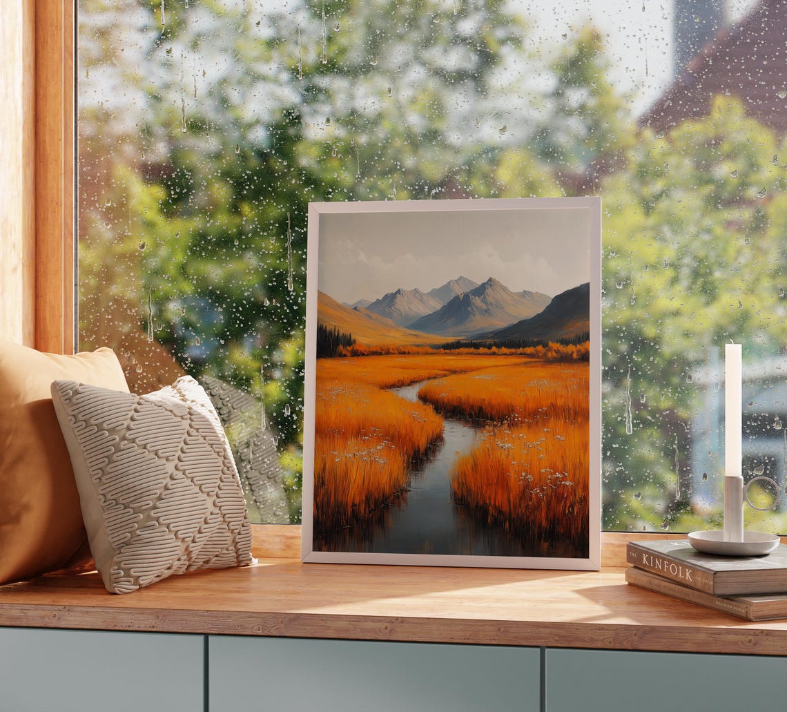 Winding Stream Through Orange Marsh Toward Gray Mountain Peaks Poster - Image 2