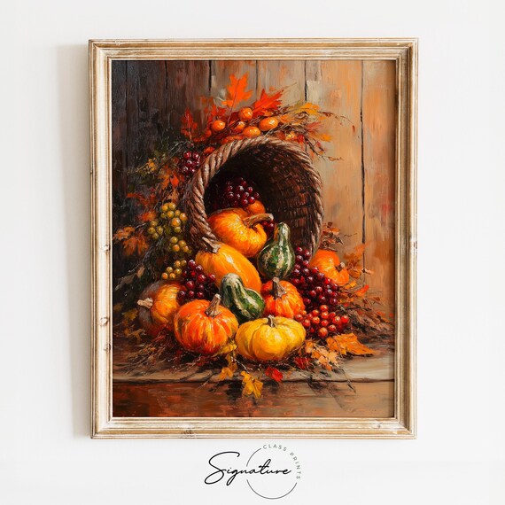 Cornucopia Overflowing With Pumpkins Grapes And Gourds Poster